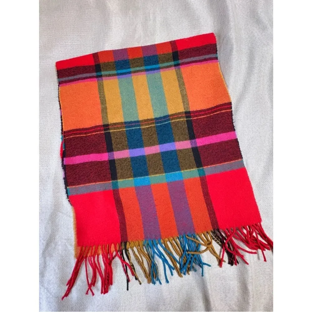 Bright Plaid Fringe Scarf Multicolor Tartan 15”x64”